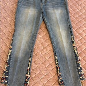 DRIFTWOOD Blue Flare Jeans with Floral Embroidery